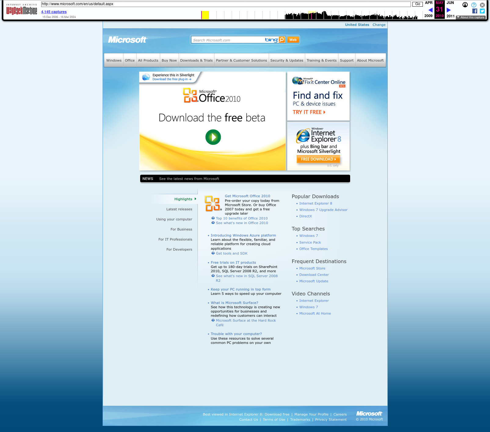 Microsoft’un Archive.org’dan alınma 2010-05-31’deki ana ağ sayfası
