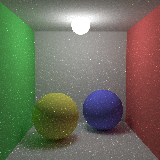 Cornellbox with sphere object light, importance sampled and next event estimated, Russian edition